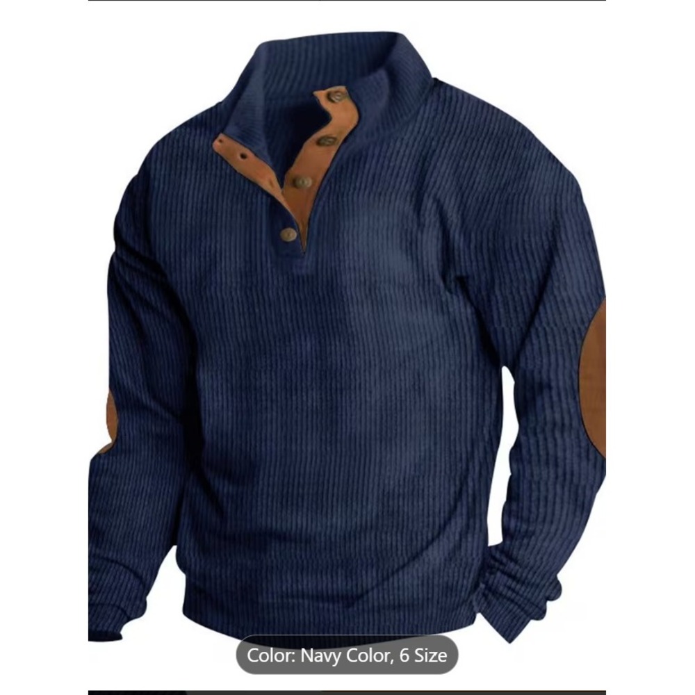 Unbranded Corduroy Pullover Mens Size M Navy Blue Ribbed Mock Neck Elbow Patches